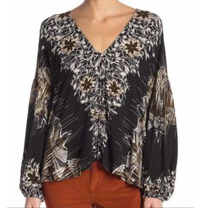 Free People Birds of Feather Printed V-Neck Top L